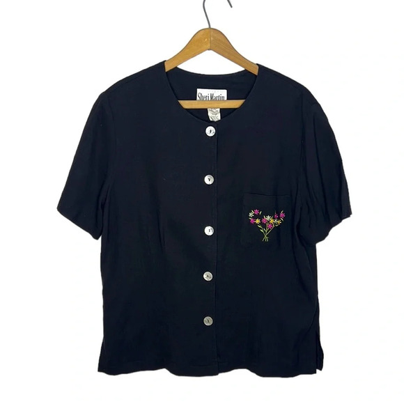 SHERI MARTIN Vintage 90s Linen Blend Floral Embroidered Lagenlook Jacket Blouse - Picture 9 of 9